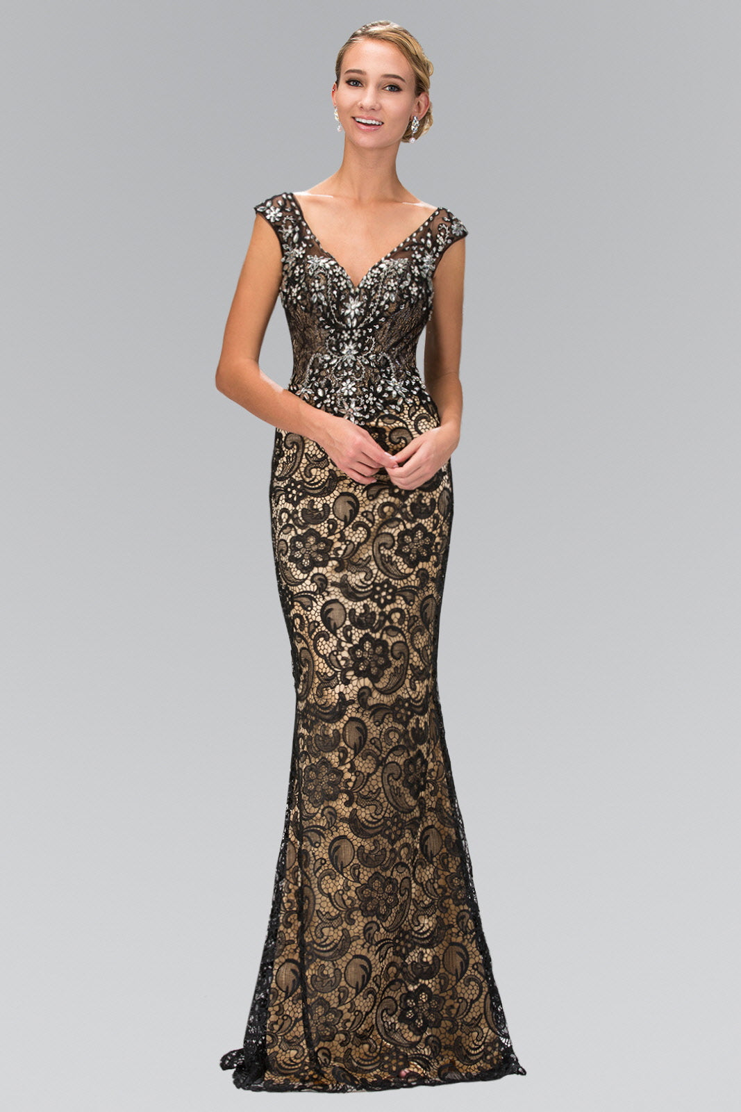 V-Neck Lace Embellished Long Dress with Jewel Detailing - Farnelli