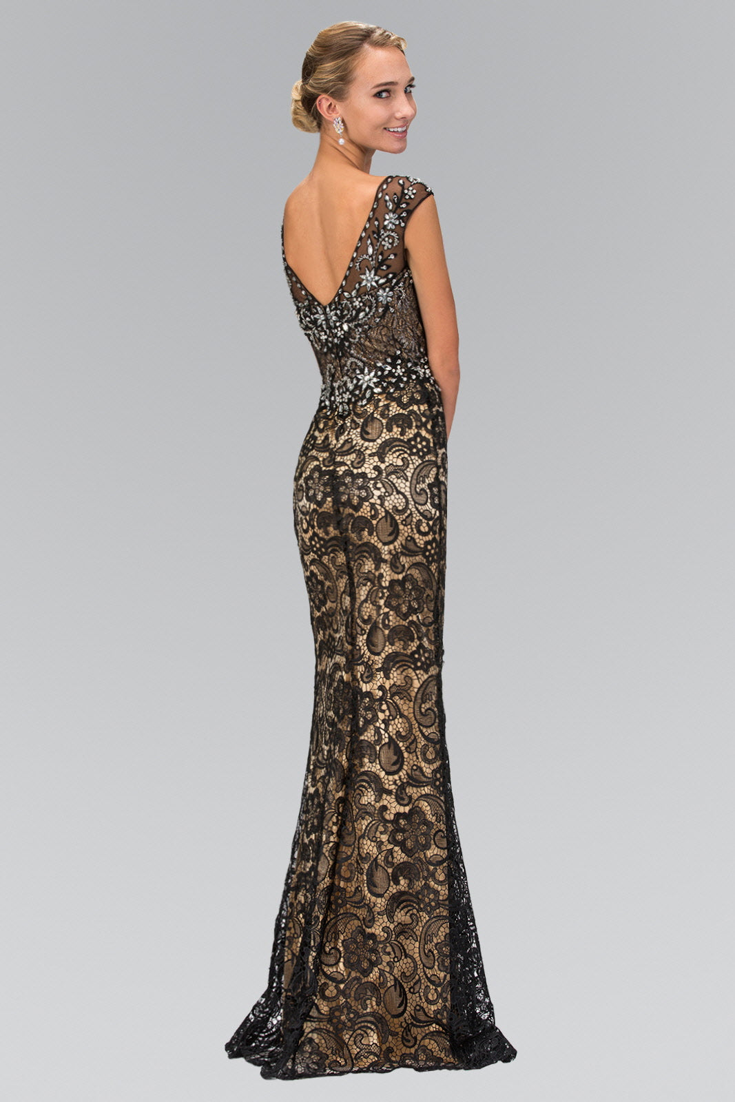 V-Neck Lace Embellished Long Dress with Jewel Detailing - Farnelli