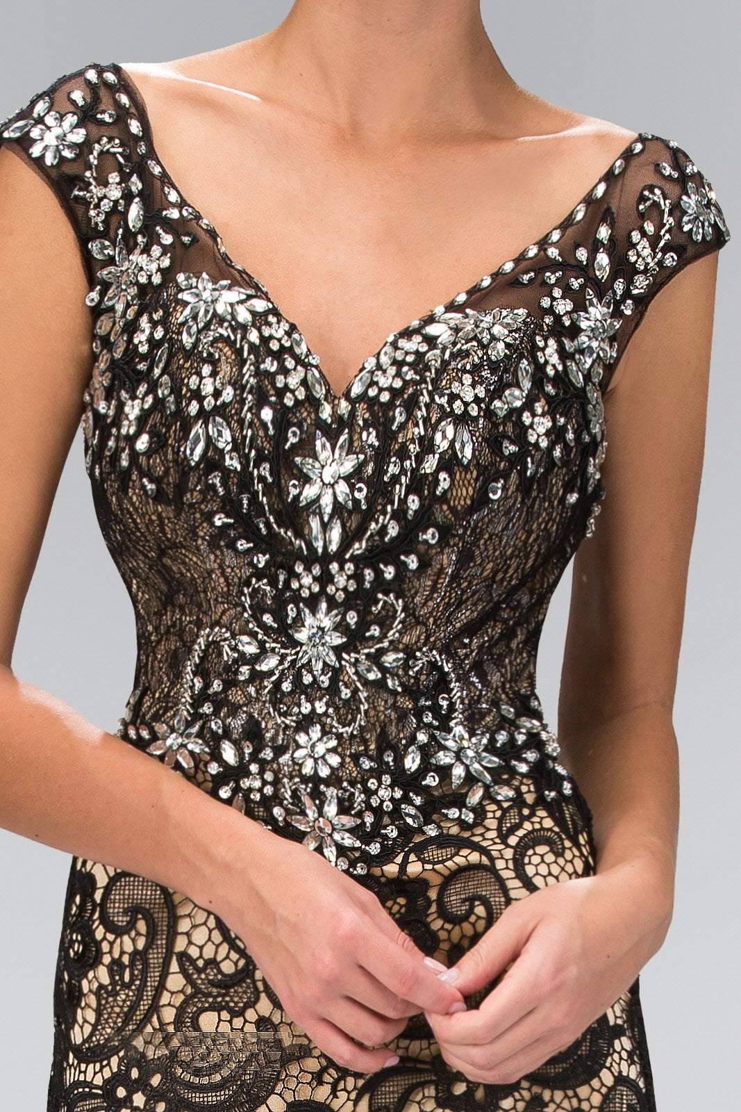 V-Neck Lace Embellished Long Dress with Jewel Detailing - Farnelli
