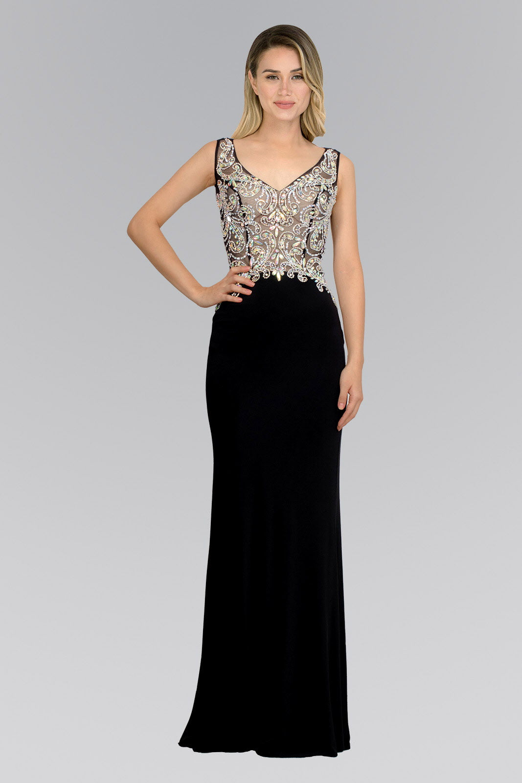 Jewel Embellished Sheer Bodice Jersey Long Dress - Farnelli