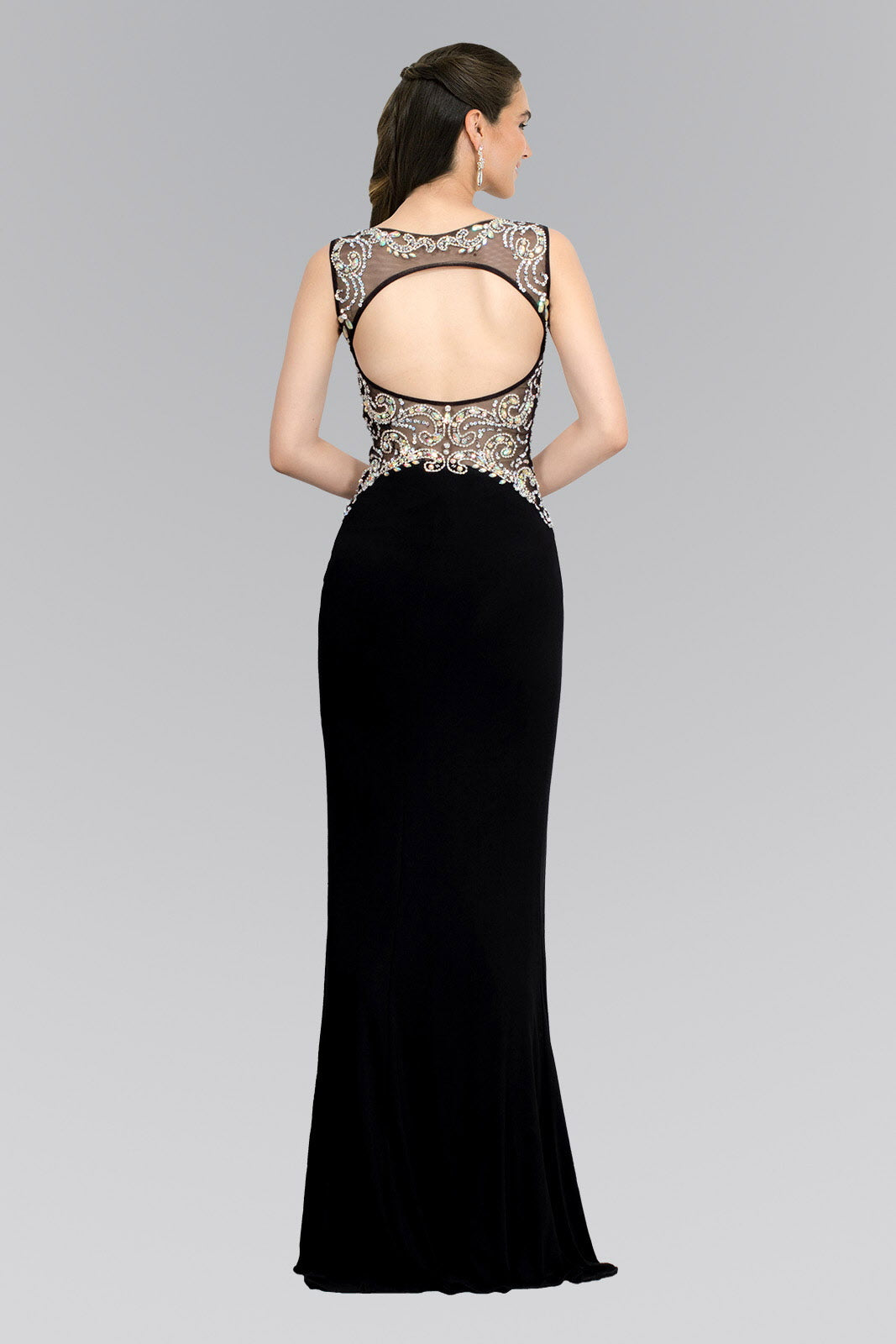 Jewel Embellished Sheer Bodice Jersey Long Dress - Farnelli