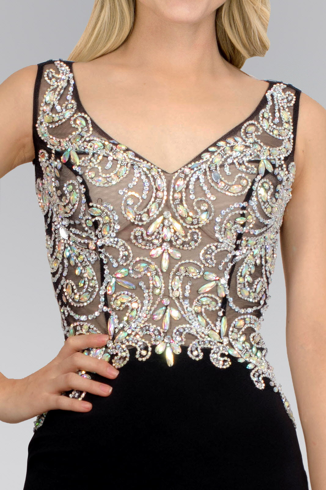 Jewel Embellished Sheer Bodice Jersey Long Dress - Farnelli