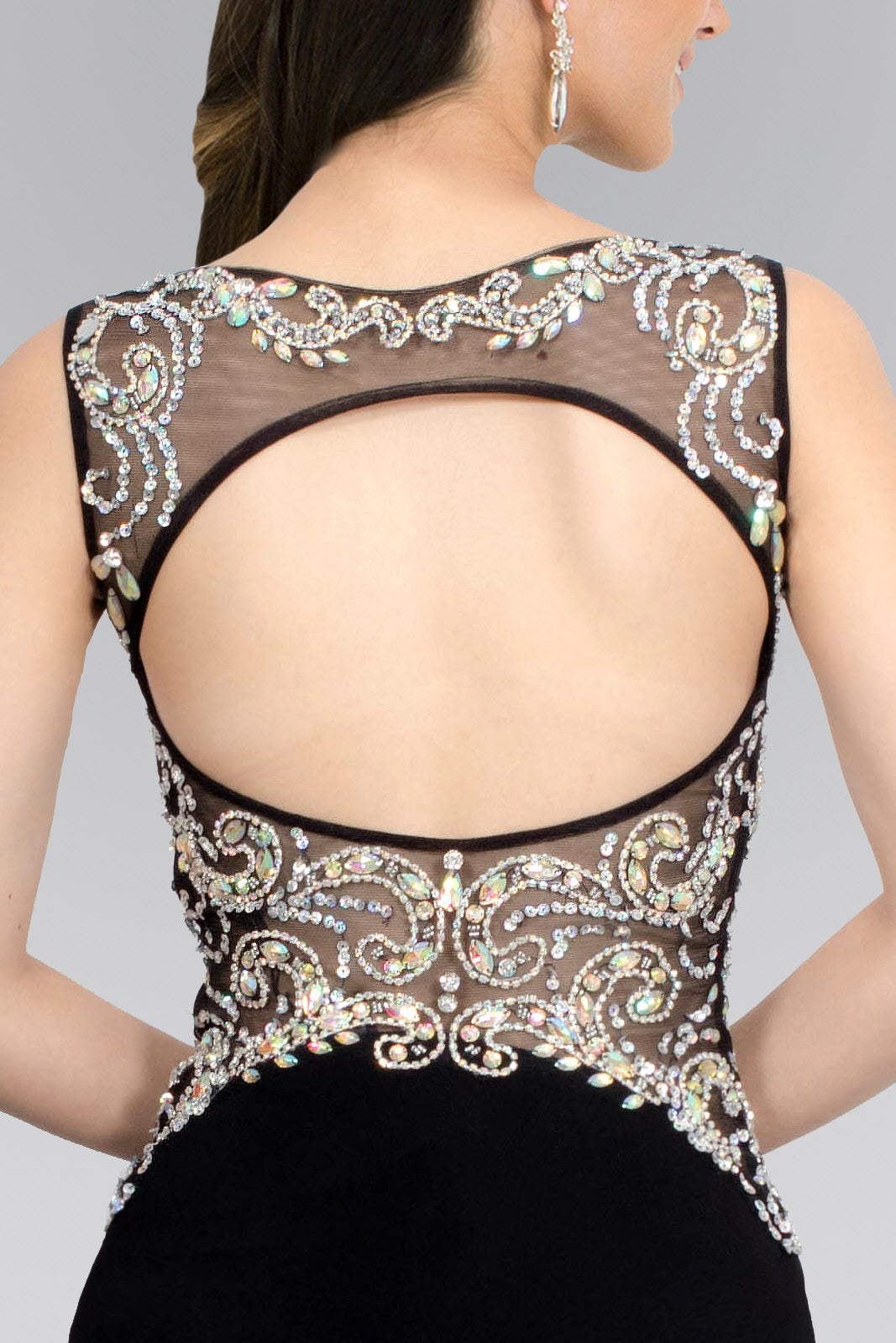 Jewel Embellished Sheer Bodice Jersey Long Dress - Farnelli