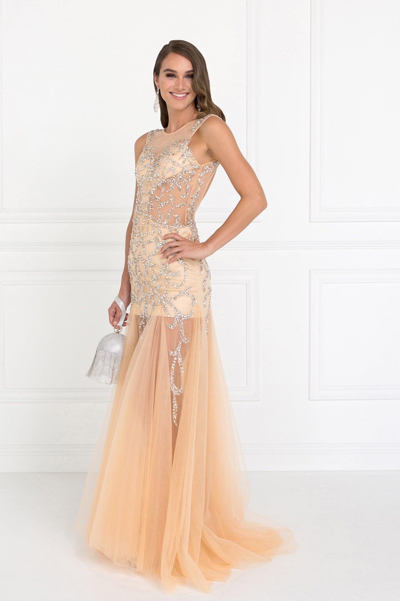 Beaded Floor Length Dress with Sheer Bodice and Open Back - Farnelli