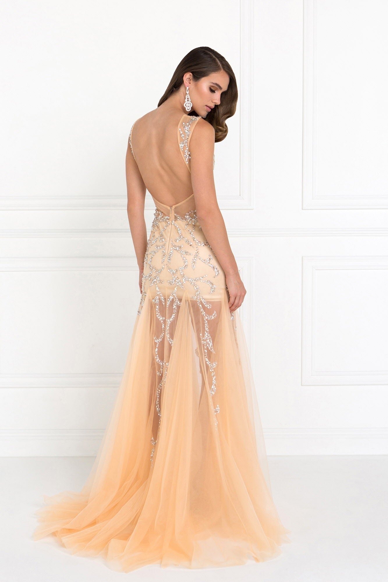 Beaded Floor Length Dress with Sheer Bodice and Open Back - Farnelli