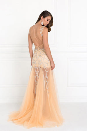 Beaded Floor Length Dress with Sheer Bodice and Open Back - Farnelli