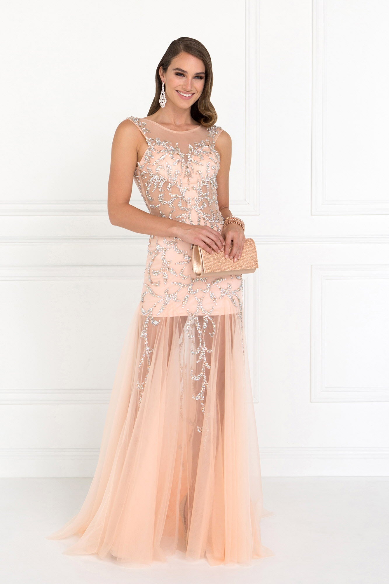 Beaded Floor Length Dress with Sheer Bodice and Open Back - Farnelli