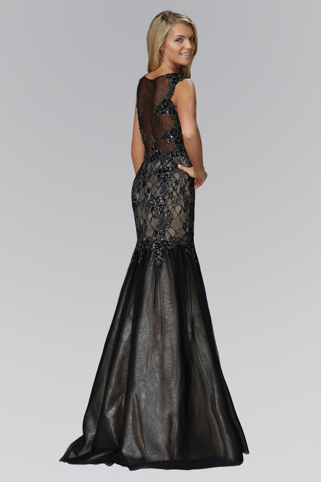 Mermaid Long Dress with Lace and Sheer Back - Farnelli