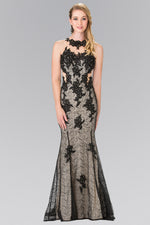 High Neck Mermaid Long Lace Dress with Embroidered Illusion Bodice - Farnelli
