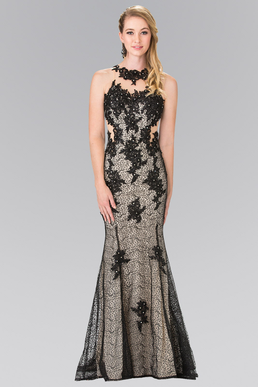 High Neck Mermaid Long Lace Dress with Embroidered Illusion Bodice - Farnelli
