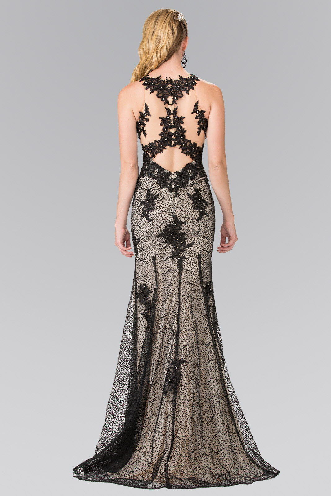 High Neck Mermaid Long Lace Dress with Embroidered Illusion Bodice - Farnelli