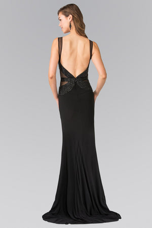 Beads Embellished Jersey Long Dress with Open Back - Farnelli