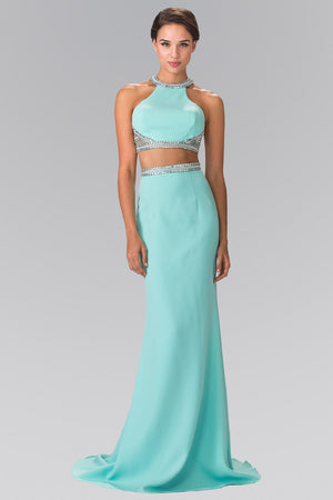 High Neck Two-Piece Jersey Long Dress Accented with a Beaded Band Waistline - Farnelli