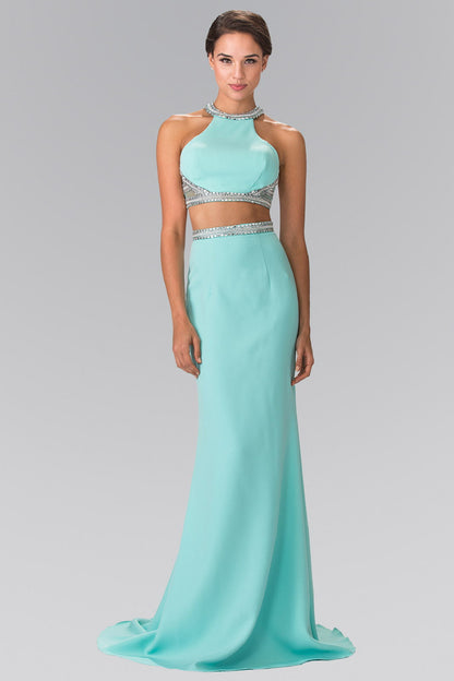 High Neck Two-Piece Jersey Long Dress Accented with a Beaded Band Waistline - Farnelli