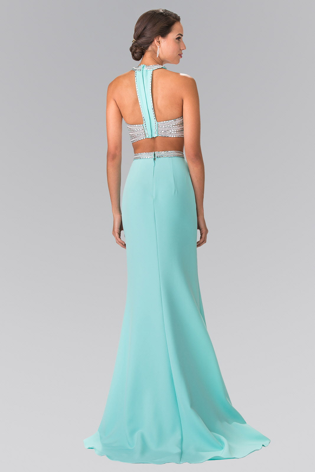 High Neck Two-Piece Jersey Long Dress Accented with a Beaded Band Waistline - Farnelli