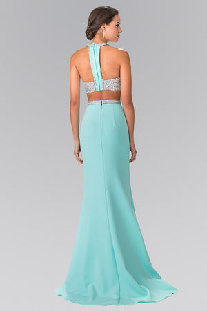 High Neck Two-Piece Jersey Long Dress Accented with a Beaded Band Waistline - Farnelli