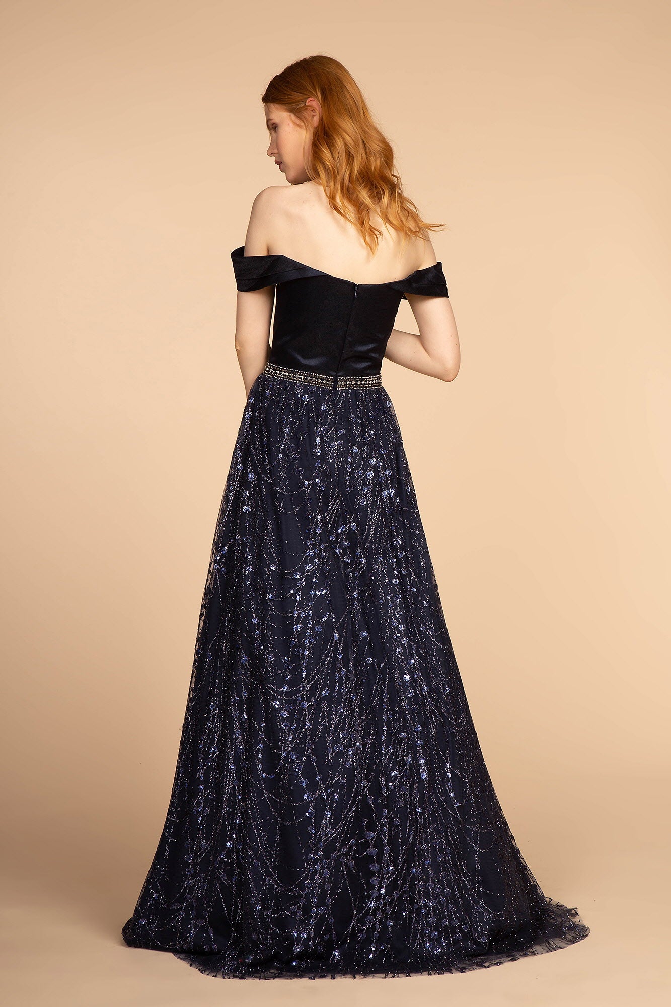 Glitter Print Skirt Off-The-Shoulder Long Dress - Farnelli