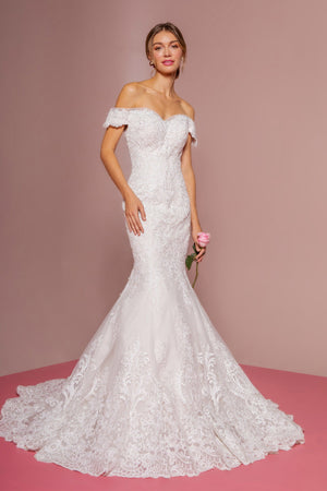 Cut-Away Shoulder Embroidered Mesh Mermaid Wedding Gown - Farnelli