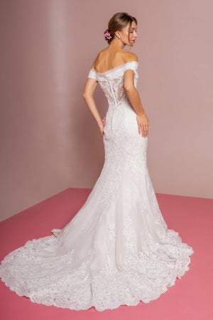 Cut-Away Shoulder Embroidered Mesh Mermaid Wedding Gown - Farnelli