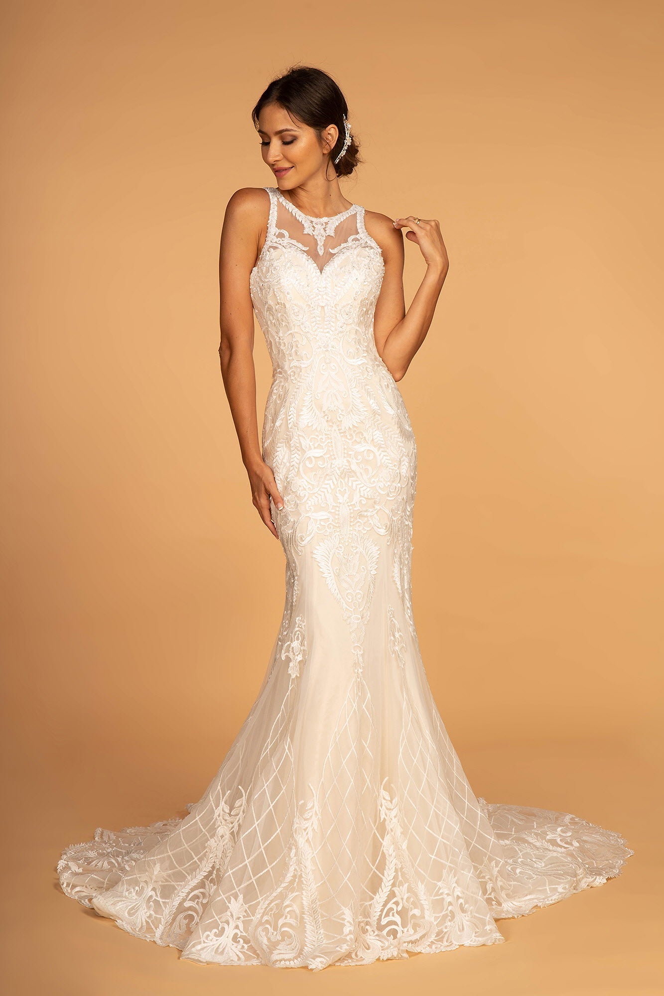 Cut-Out Back Embroidered Mesh Mermaid Wedding Gown - Farnelli