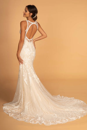 Cut-Out Back Embroidered Mesh Mermaid Wedding Gown - Farnelli