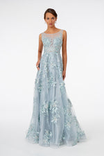Embroidered Mesh A-Line Long Dress - Farnelli