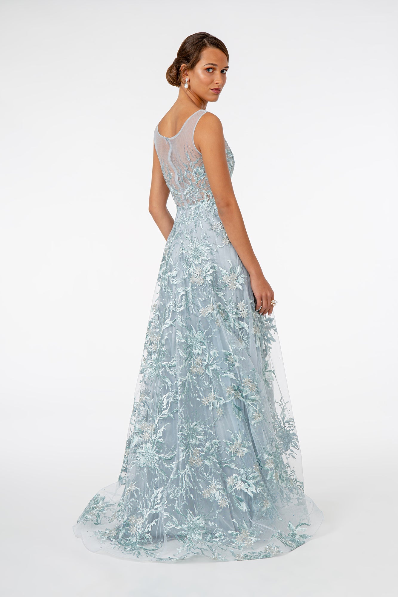 Embroidered Mesh A-Line Long Dress - Farnelli