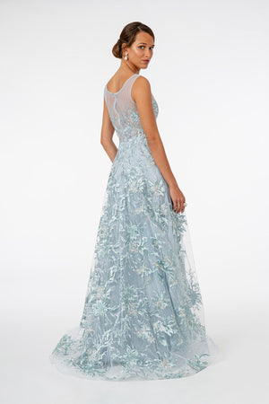 Embroidered Mesh A-Line Long Dress - Farnelli