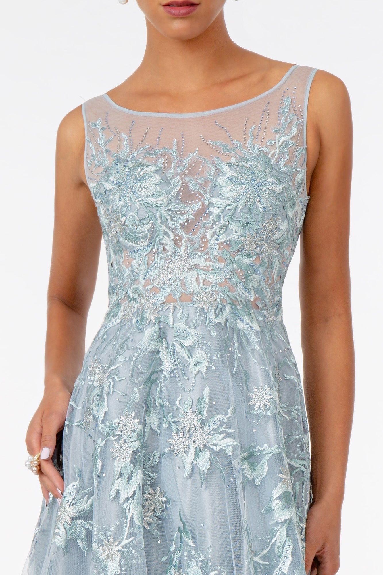 Embroidered Mesh A-Line Long Dress - Farnelli