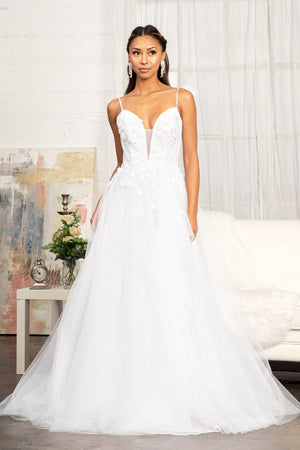Embroidery & 3D Floral Applique Embellished V-Neck Mesh Wedding Dress - Farnelli