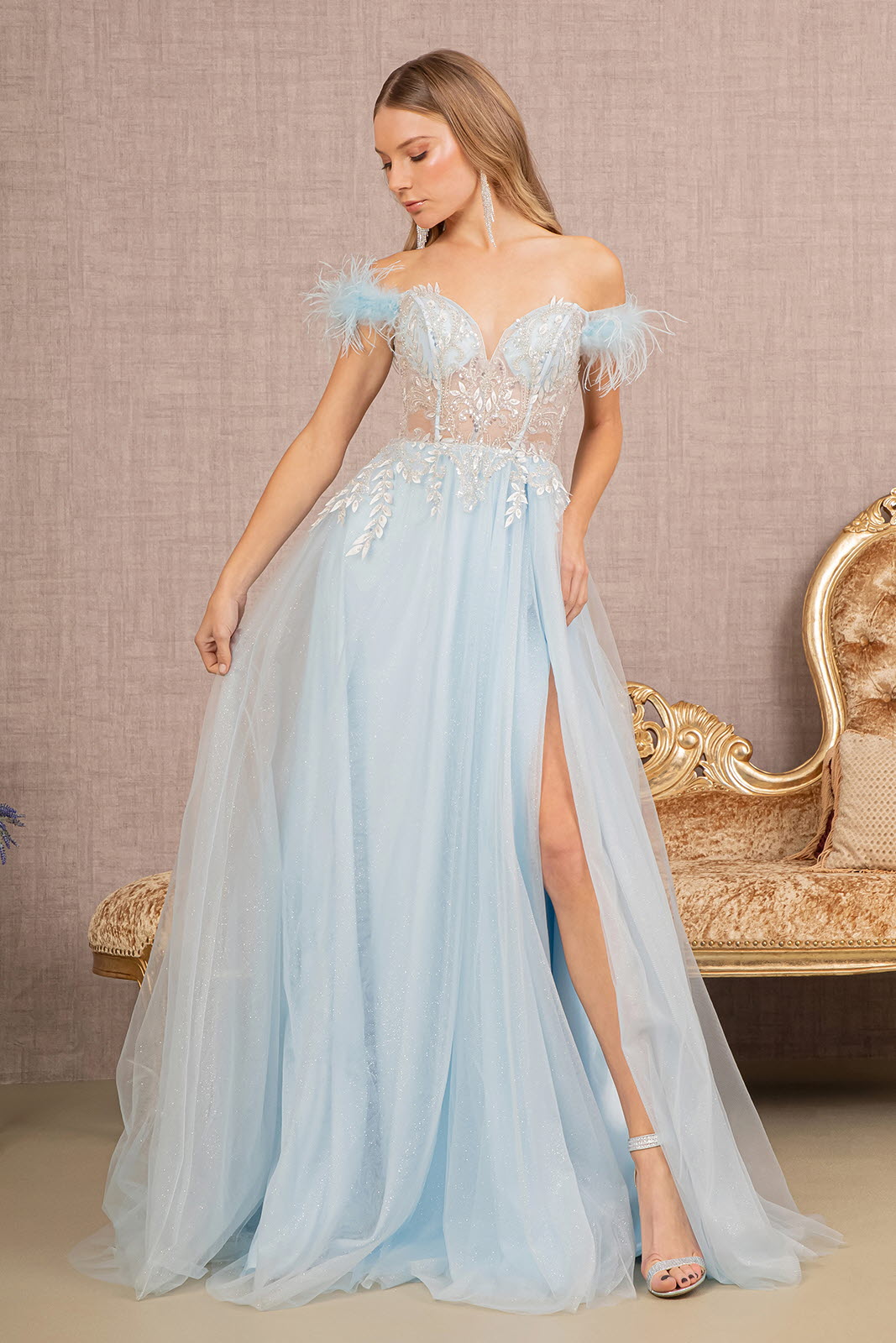 Feather Straps Sheer Bodice Glitter Sequin Mesh A-line Dress - Farnelli