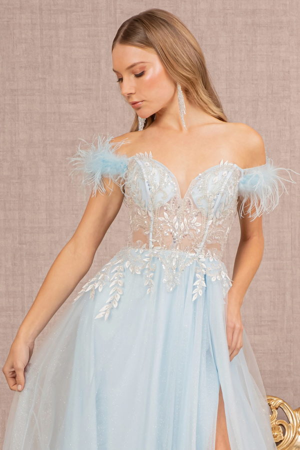 Feather Straps Sheer Bodice Glitter Sequin Mesh A-line Dress - Farnelli
