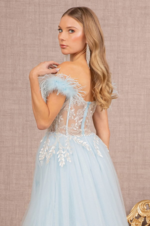 Feather Straps Sheer Bodice Glitter Sequin Mesh A-line Dress - Farnelli
