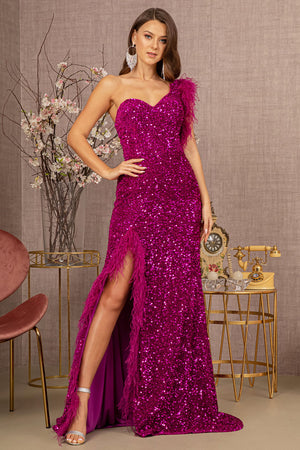 Asymmetric Sleeveless Feather Sequin Velvet Mermaid Dress - Farnelli