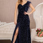 Asymmetric Sleeveless Feather Sequin Velvet Mermaid Dress - Farnelli