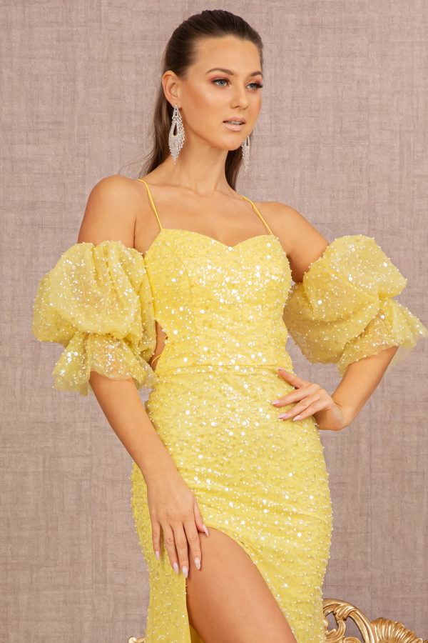 Jewel Sweetheart Mesh Mermaid Dress w/ Detachable Short Puff Sleeves - Farnelli