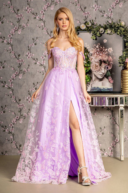Bead Strapless Mesh A-line Long Dress w/ Detachable Sleeves - Farnelli