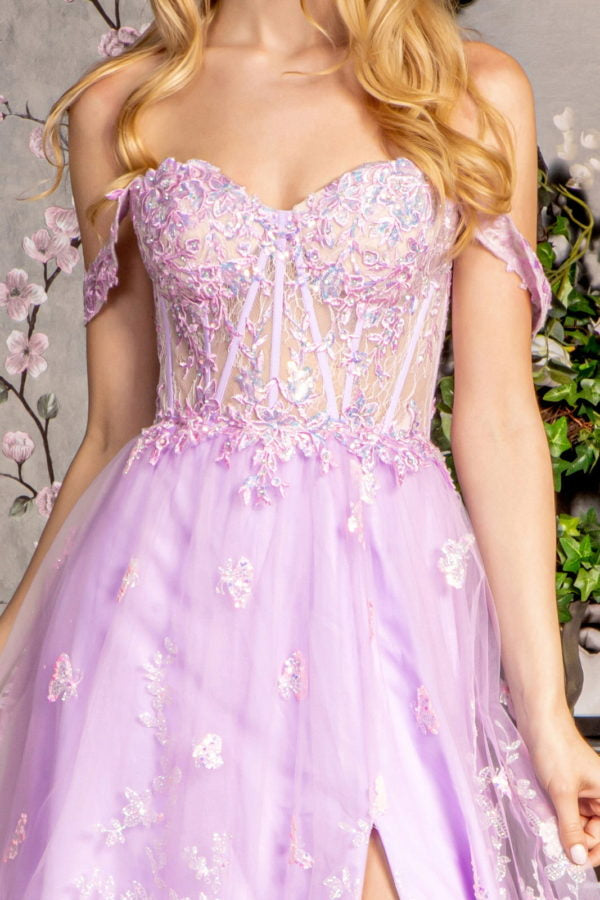 Bead Strapless Mesh A-line Long Dress w/ Detachable Sleeves - Farnelli