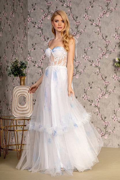 Embroidery Bead Tied Shoulder Mesh A-line Long Dress - Farnelli