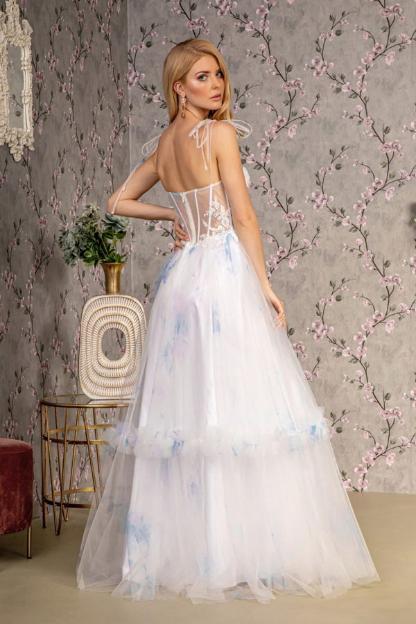 Embroidery Bead Tied Shoulder Mesh A-line Long Dress - Farnelli