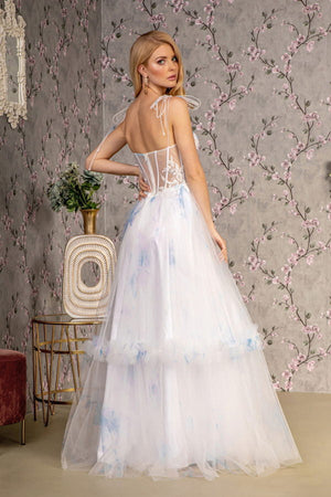 Embroidery Bead Tied Shoulder Mesh A-line Long Dress - Farnelli
