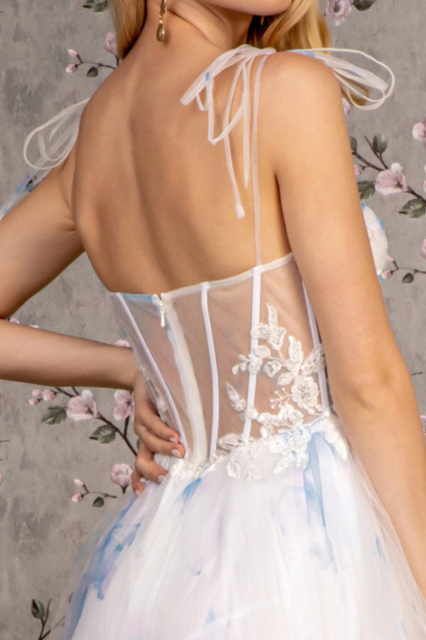 Embroidery Bead Tied Shoulder Mesh A-line Long Dress - Farnelli
