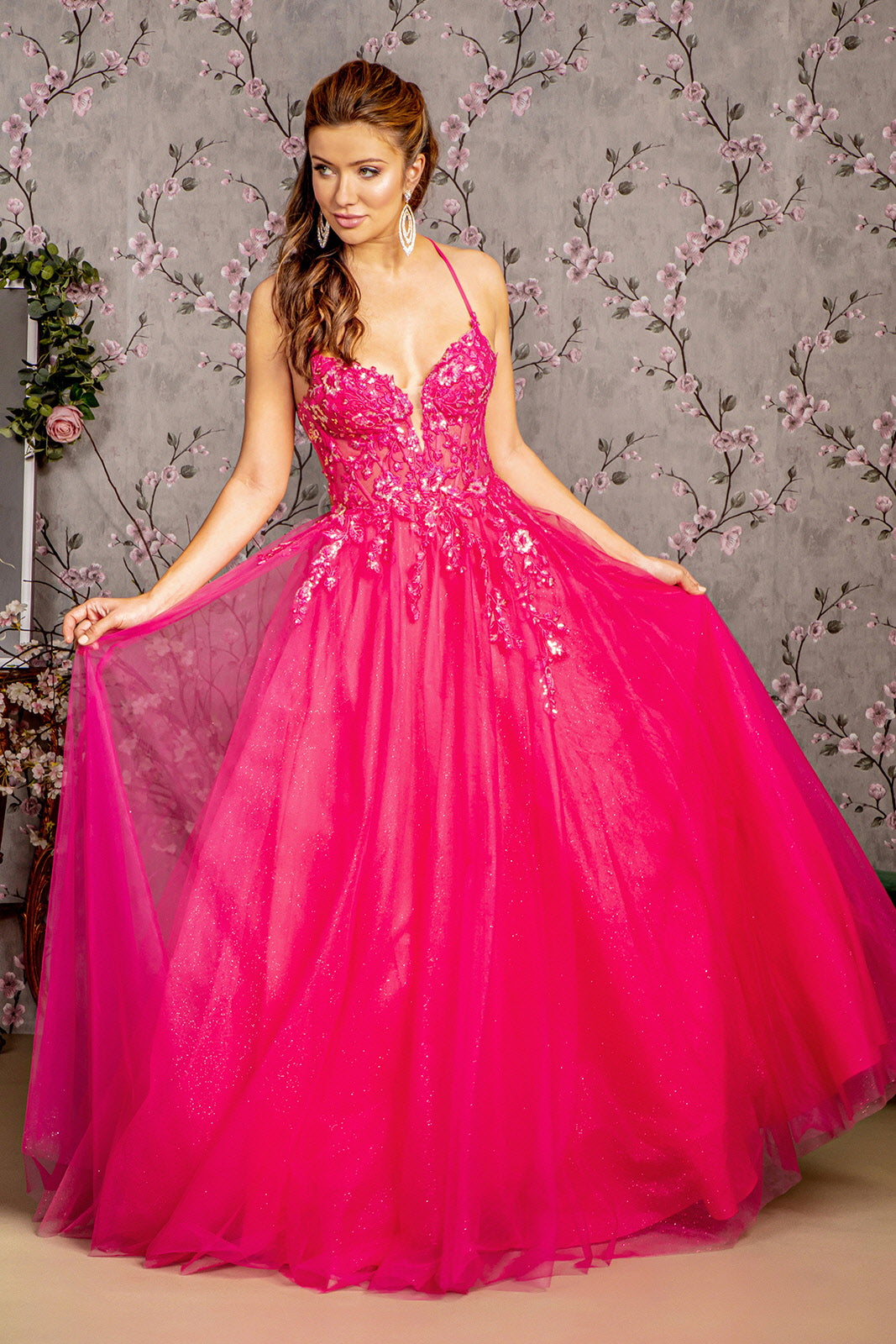 Sequin Glitter Sheer Corset Bodice Mesh A-line Long Dress - Farnelli