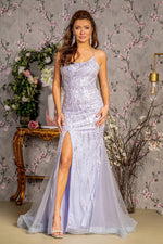 Metallic Embroidery Mesh Trumpet Long Dress w/ Side Slit - Farnelli