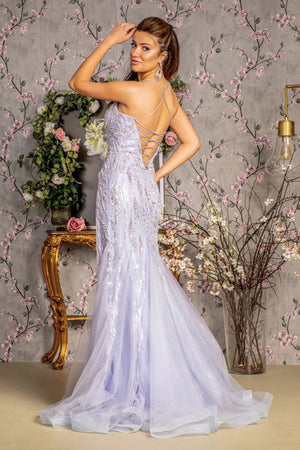 Metallic Embroidery Mesh Trumpet Long Dress w/ Side Slit - Farnelli
