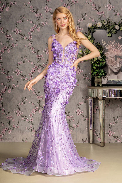 Jewel Glitter Sheer Bodice Mesh Mermaid Long Dress - Farnelli