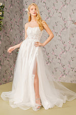 Embroidery Bead Sheer Bodice Open Back Mesh Wedding Gown - Farnelli