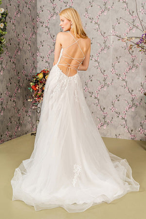 Embroidery Bead Sheer Bodice Open Back Mesh Wedding Gown - Farnelli