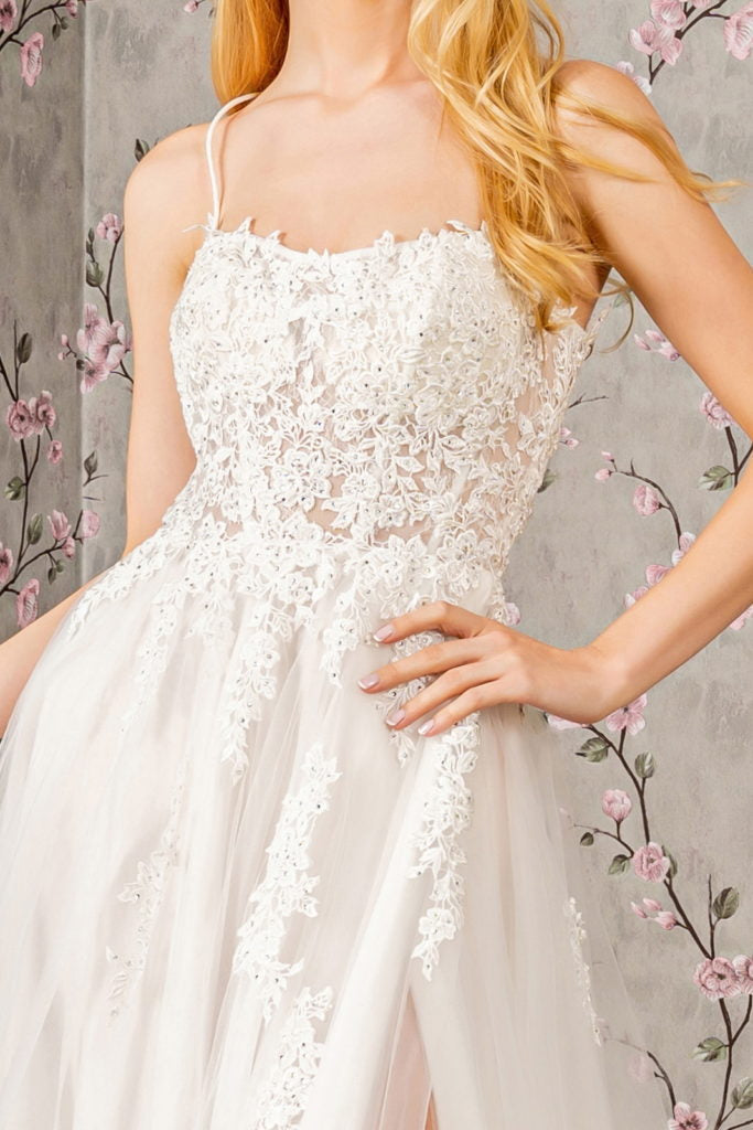 Embroidery Bead Sheer Bodice Open Back Mesh Wedding Gown - Farnelli
