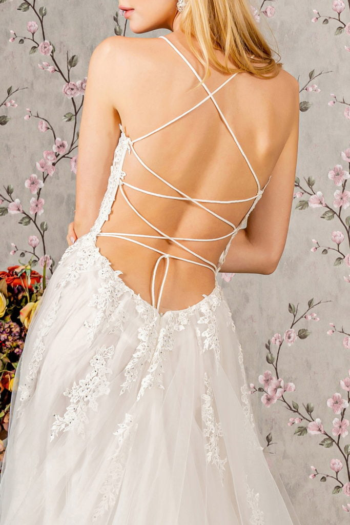 Embroidery Bead Sheer Bodice Open Back Mesh Wedding Gown - Farnelli